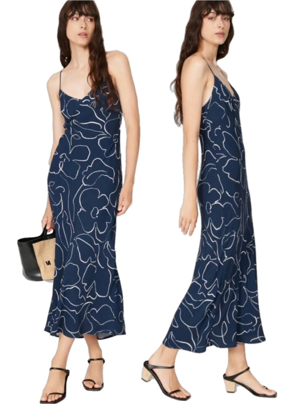 Madewell The Layton Midi Slip Dress, Classic Indigo Navy Floral Bloom size 12
